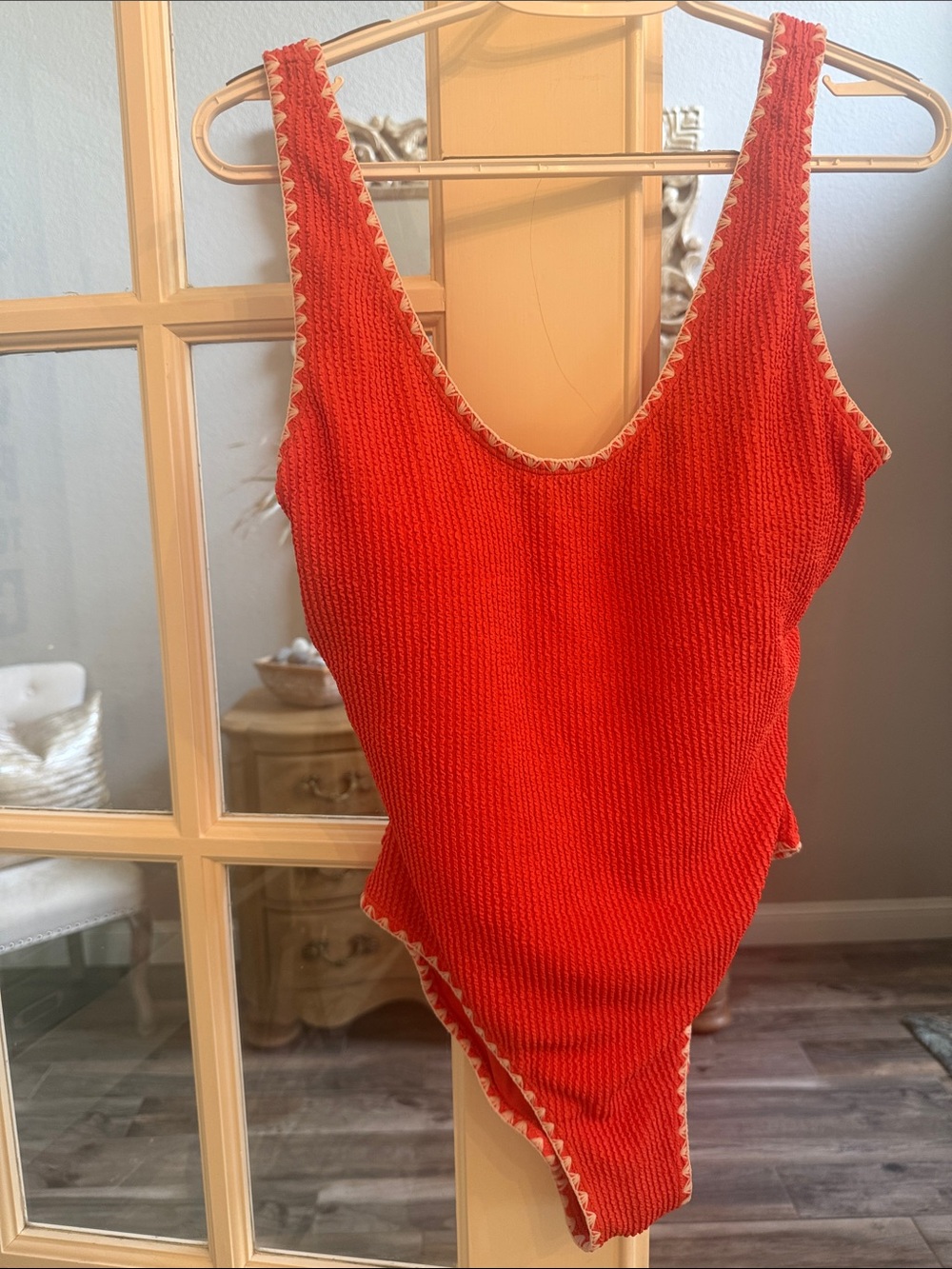 Betsey Johnson Coral Ribbed One-Piece Swimsuit Size L